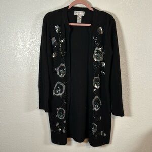 Victor Costa Black Floral Beaded & Sequined Long Line Sweater Size Small